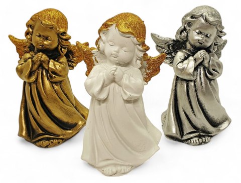 SREBRNY ANIOŁEK FIGURKA DEKORACYJNA ANIOŁ Z BROKATEM 13CM