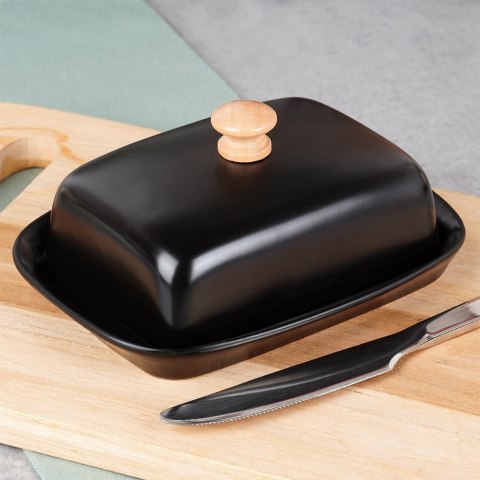 MASELNICZKA CERAMICZNA MASELNICA POJEMNIK NA MASŁO CZARNA UCHWYT DREWNIANY VILDE 139677