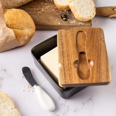 PORCELANOWA MASELNICZKA Z NOŻYKIEM POKRYWKA AKACJA KLAUSBERG KB-7784 CZARNA