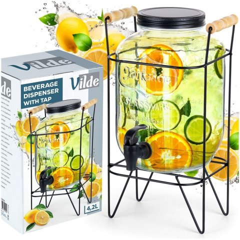 SŁÓJ SŁOIK DO NAPOJÓW Z KRANIKIEM I STOJAKIEM CZARNYM KRAN NA NAPOJE WODĘ LEMONIADĘ 4.2L VILDE 139600