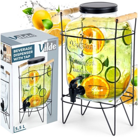SŁÓJ SŁOIK DO NAPOJÓW Z KRANIKIEM I STOJAKIEM CZARNYM KRAN NA NAPOJE WODĘ LEMONIADĘ 5.5L VILDE 139601