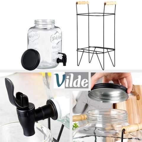 SŁÓJ SŁOIK DO NAPOJÓW Z KRANIKIEM I STOJAKIEM CZARNYM KRAN NA NAPOJE WODĘ LEMONIADĘ 5.5L VILDE 139601