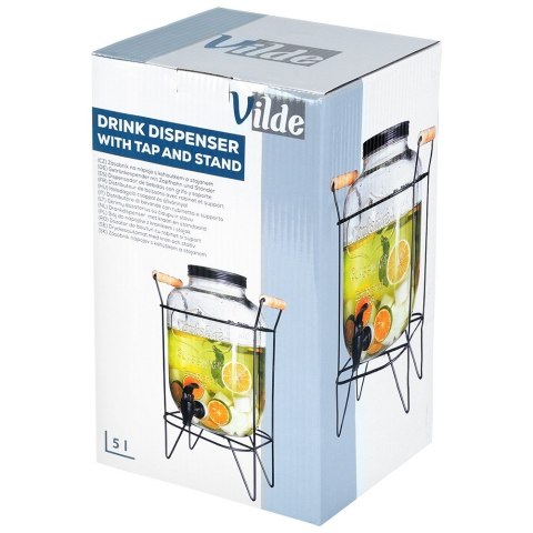 SŁÓJ SŁOIK DO NAPOJÓW Z KRANIKIEM I STOJAKIEM CZARNYM KRAN NA NAPOJE WODĘ LEMONIADĘ 5.5L VILDE 139601