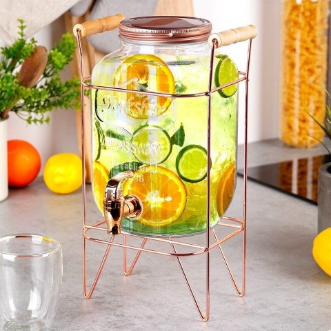 SŁÓJ SŁOIK DO NAPOJÓW Z KRANIKIEM I STOJAKIEM KRAN NA NAPOJE WODĘ LEMONIADĘ 4.2L RÓŻOWE ZŁOTO VILDE 139602