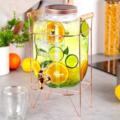 SŁÓJ SŁOIK DO NAPOJÓW Z KRANIKIEM I STOJAKIEM KRAN NA NAPOJE WODĘ LEMONIADĘ 5.5L RÓŻOWE ZŁOTO VILDE 139603