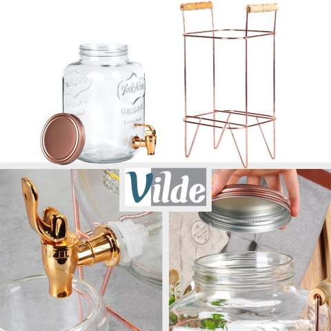 SŁÓJ SŁOIK DO NAPOJÓW Z KRANIKIEM I STOJAKIEM KRAN NA NAPOJE WODĘ LEMONIADĘ 5.5L RÓŻOWE ZŁOTO VILDE 139603