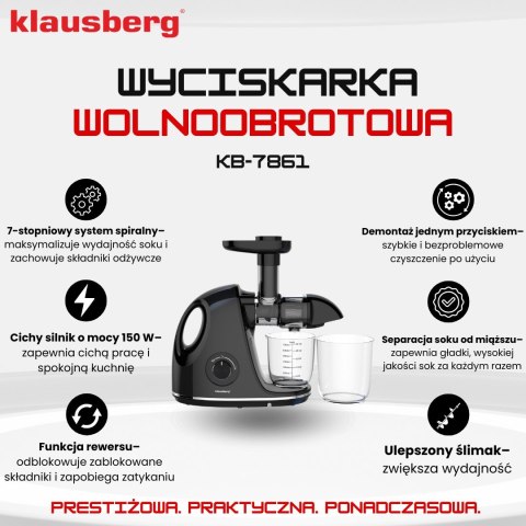 SOKOWIRÓWKA WOLNOOBROTOWA 150W DO OWOCÓW I WARZYW COLD PRESS KLAUSBERG KB-7861