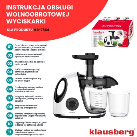 SOKOWIRÓWKA WOLNOOBROTOWA 150W DO OWOCÓW I WARZYW COLD PRESS KLAUSBERG KB-7864