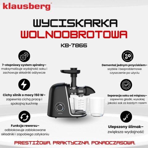 SOKOWIRÓWKA WOLNOOBROTOWA 150W DO OWOCÓW I WARZYW COLD PRESS KLAUSBERG KB-7866