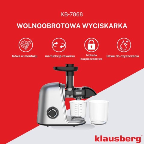 SOKOWIRÓWKA WOLNOOBROTOWA 150W DO OWOCÓW I WARZYW COLD PRESS KLAUSBERG KB-7868
