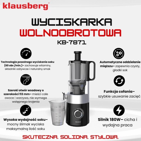 SOKOWIRÓWKA WOLNOOBROTOWA 180W DO OWOCÓW I WARZYW COLD PRESS KLAUSBERG KB-7871