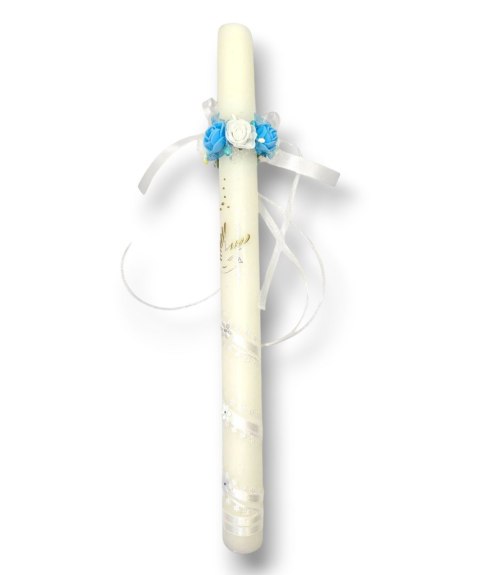 OZDOBA NA ŚWIECE DO CHRZTU PROFITKA DEKORACJA ŚWIECY Z KWIATUSZKÓW