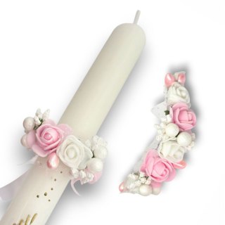 OZDOBA NA ŚWIECE DO CHRZTU PROFITKA DEKORACJA ŚWIECY Z KWIATUSZKÓW