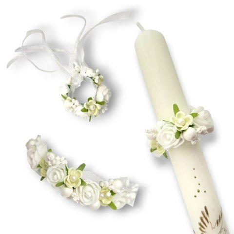 OZDOBA NA ŚWIECE DO CHRZTU PROFITKA DEKORACJA ŚWIECY Z KWIATUSZKÓW