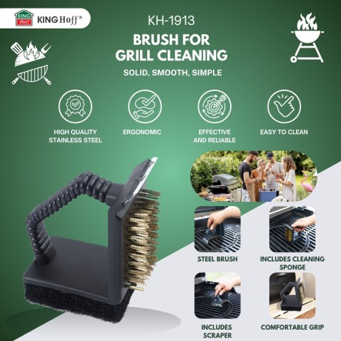 SZCZOTKA DO CZYSZCZENIA GRILLA 3W1, SKROBAK + GĄBKA + SZCZOTKA, KINGHOFF KH-1913