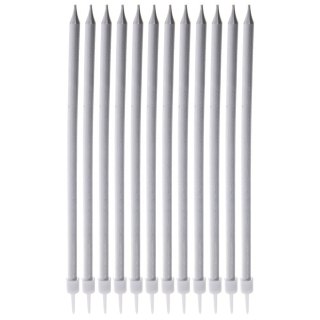 Świeczki z wosku do tortu na tort srebrne długie 14.5cm zestaw 12 szt ORION 822262