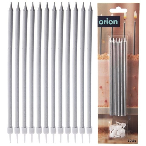 Świeczki z wosku do tortu na tort srebrne długie 14.5cm zestaw 12 szt ORION 822262