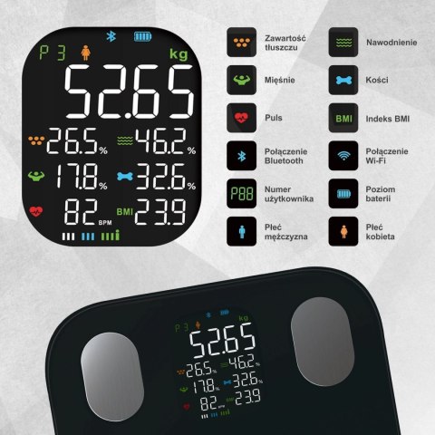 WAGA ŁAZIENKOWA Z POMIAREM TKANKI TŁUSZCZOWEJ I SKŁADU CIAŁA, SMART, BT, KLAUSBERG KB-7854 CZARNA