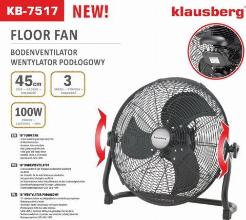 WENTYLATOR CYLKULATOR PODŁOGOWY 45CM 100W KLAUSBERG KB-7517