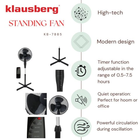 WENTYLATOR PODŁOGOWY Z PILOTEM I TIMEREM 40CM 50W KLAUSBERG KB-7885