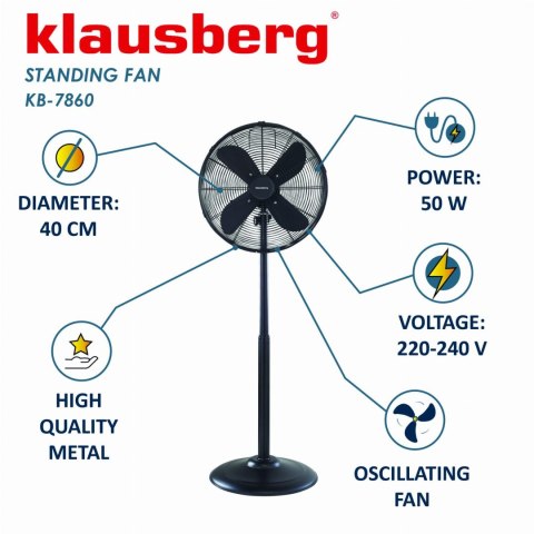 WENTYLATOR STOJĄCY PODŁOGOWY 40CM 50W METALOWY KLAUSBERG KB-7860 CZARNY