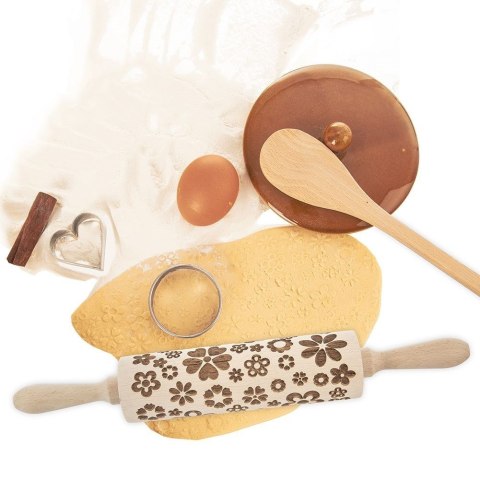 Wałek do ciasta drewniany dekoracyjny obrotowy z wzorem kwiaty 39cm ORION 141259