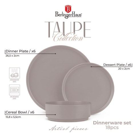 ZASTAWA STOŁOWA SERWIS KOMPLET TALERZY NACZYŃ 18 ELE DLA 6 OSÓB BERLINGER HAUS TAUPE BH-10006