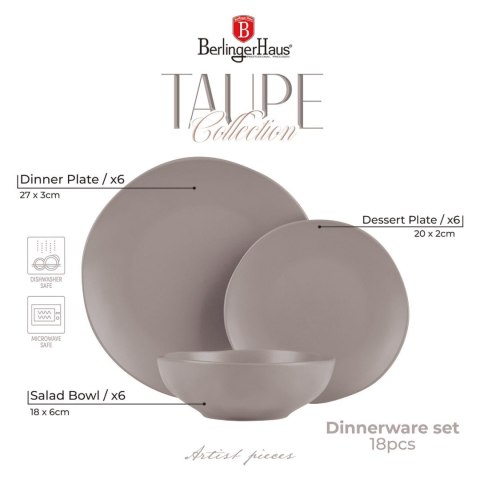 ZASTAWA STOŁOWA SERWIS KOMPLET TALERZY NACZYŃ 18 ELE DLA 6 OSÓB BERLINGER HAUS TAUPE BH-10023