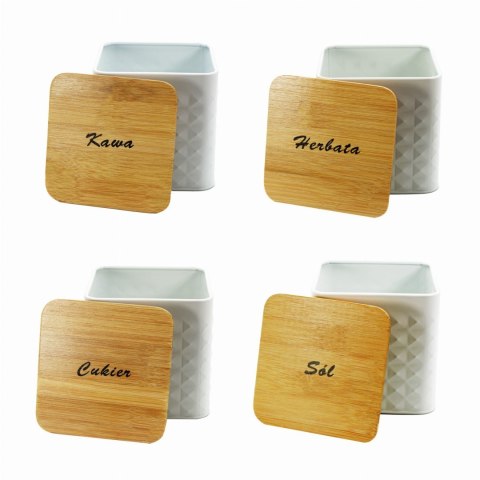 ZESTAW 4 POJEMNIKÓW KAWA HERBATA CUKIER SÓL BRUNBESTE BB-4262 (NAPISY PL)