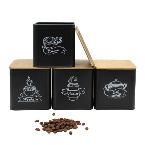 ZESTAW 4 POJEMNIKÓW KAWA HERBATA CUKIER SÓL BRUNBESTE BB-4263 (NAPISY PL)