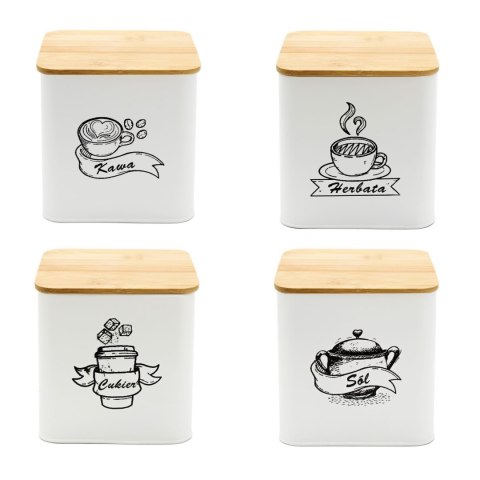 ZESTAW 4 POJEMNIKÓW KAWA HERBATA CUKIER SÓL BRUNBESTE BB-4264 (NAPISY PL)