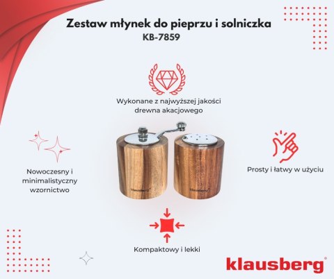 ZESTAW DO SOLI I PIEPRZU Z MŁYNKIEM I SOLNICZKĄ KLAUSBERG KB-7859