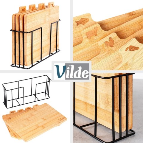 Zestaw desek deski do krojenia bambusowe ze stojakiem 4-ele 28x20cm VILDE 259004