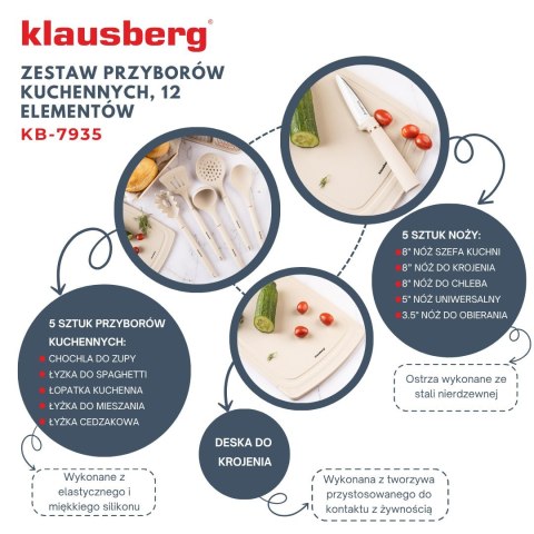 ZESTAW NOŻY KUCHENNYCH W BLOKU Z PRZYBORAMI KUCHENNYMI I DESKĄ DO KROJENIA 12-ELE KLAUSBERG KB-7935