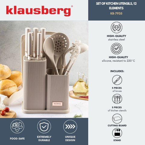 ZESTAW NOŻY KUCHENNYCH W BLOKU Z PRZYBORAMI KUCHENNYMI I DESKĄ DO KROJENIA 12-ELE KLAUSBERG KB-7935