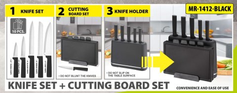 ZESTAW NOŻY Z DESKAMI KUCHENNYMI NA PODSTAWCE 10-ELE CZARNY MAESTRO MR-1412-BL