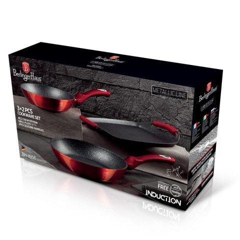 ZESTAW PATELNI GRANITOWYCH + PŁYTA DO SMAŻENIA BERLINGER HAUS METALLIC LINE BURGUNDY BH-1668
