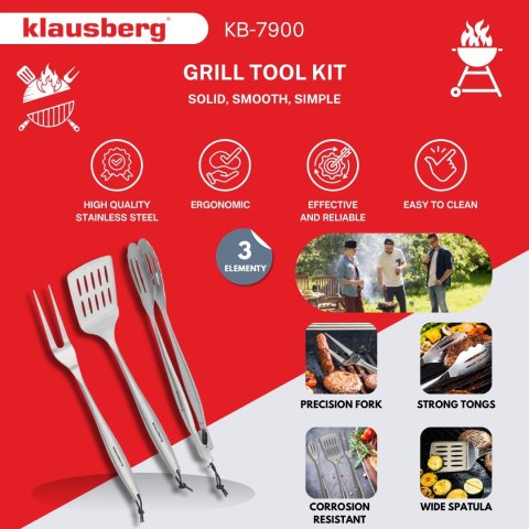 ZESTAW PRZYBORÓW DO GRILLA, 3 ELEMENTY, NARZĘDZIA DO GRILLOWANIA, KLAUSBERG KB-7900