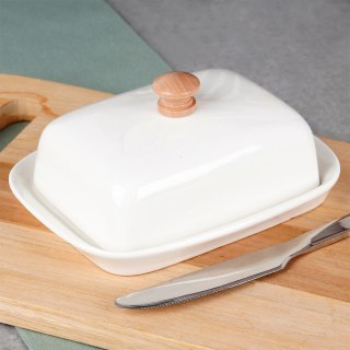 MASELNICZKA CERAMICZNA MASELNICA POJEMNIK NA MASŁO BIAŁA DREWNIANY UCHWYT VILDE 139678