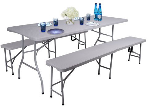 Zestaw cateringowy bankietowy Rattan stół 2 ławy szary